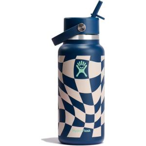 imageHYDRO FLASK Wide Mouth vacuum insulated stainless steel water bottle with leakproof closeable straw lid for cold water drinks sports travel car and schoolCheckered Indigo