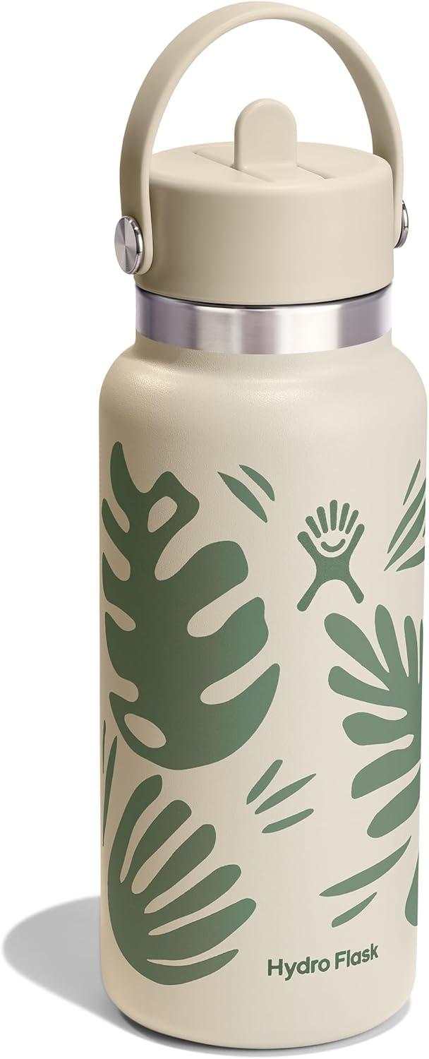 imageHydro Flask Water Bottle  Insulated Stainless Steel  Wide Mouth Flex Straw Lid Non Spill Leakproof and Refillable in 32 Oz Botanical Bliss Coconut
