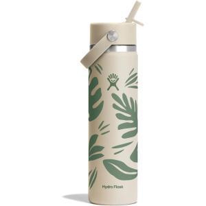 image:imageHydro Flask Water Bottle  Insulated Stainless Steel  Wide Straw Lid Non Spill Leakproof in 24 Oz Forest Green ArcBotanical Bliss Coconut