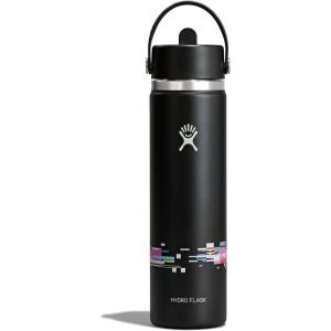 image:imageHydro Flask Water Bottle  Insulated Stainless Steel  Wide Straw Lid Non Spill Leakproof in 24 Oz Forest Green ArcGLITCH BLACK